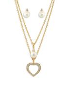 Nadri Cubic Zirconia & Simulated Pearl Heart Layered Pendant Necklace & Stud Earrings Set