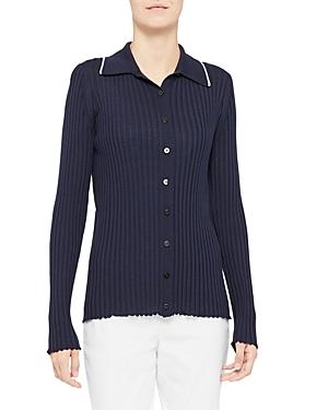 Theory Button Up Ribbed Contrast Trim Sweater