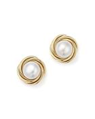 14k Yellow Gold Knot Stud Earrings With Cultured Freshwater Pearls