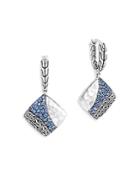 John Hardy Sterling Silver Classic Chain Blue Sapphire Hammered Square Drop Earrings