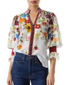 Alice And Olivia Ilan Smocked Gathered Floral Print Blouse