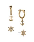 Ajoa By Nadri Vacay Cubic Zirconia Helm Stud & Anchor Charm Hoop Earrings In 18k Gold Plated, Set Of 2