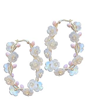 Nicola Bathie Crystal & Mother Of Pearl Flower Pink Bud Hoop Earrings In 14k Gold Plated
