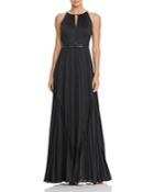 Adrianna Papell Embellished-waist Pleated Gown