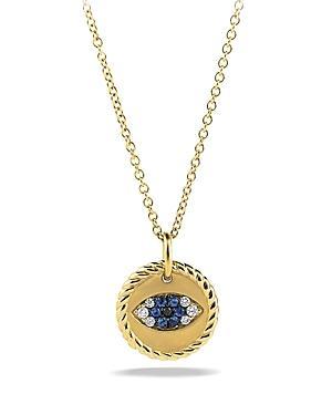 David Yurman Cable Collectibles Evil Eye Charm Necklace With Blue Sapphire, Black Diamonds & White Diamonds In Gold