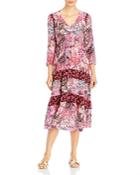 Johnny Was Mixed Floral Silk Tiered Midi Dress