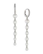 Nadri Mother Of Pearl Linear Drop Pave Hoop Earrings In Silver Tone