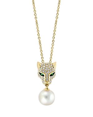 Bloomingdale's Freshwater Pearl, Diamond, & Emerald Panther Head Pendant Necklace In 14k Yellow Gold, 16-18- 100% Exclusive