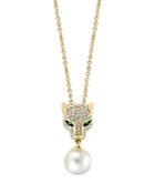 Bloomingdale's Freshwater Pearl, Diamond, & Emerald Panther Head Pendant Necklace In 14k Yellow Gold, 16-18- 100% Exclusive