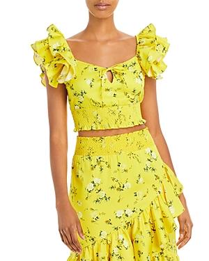 Alice And Olivia Shanae Floral Print Ruffle Sleeve Crop Top