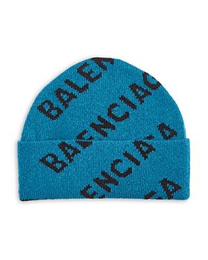 Balenciaga All Over Logo Wool Blend Beanie
