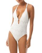 Vince Camuto Crochet Plunge V Neck One Piece Swimsuit