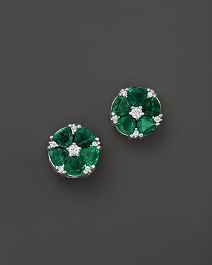 Emerald And Diamond Flower Stud Earrings In 14k White Gold