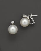 Cultured White South Sea Pearl Stud Earrings With Diamonds In 14k White Gold, 10mm