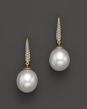 Cultured South Sea Pearl Drop Earrings With Diamonds In 18k Yellow Gold, 10.5mm