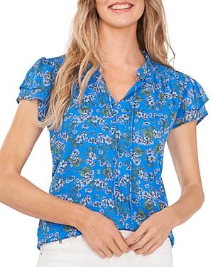 Cece Printed Tie Neck Smocked Shoulder Top