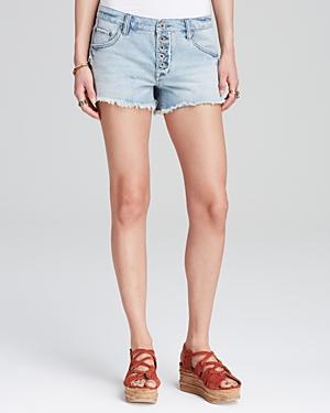 Free People Shorts - Rugged Ripped Denim Shark Bite In Fawn
