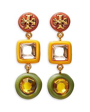 Tory Burch Roxanne Crystal & Color Logo Drop Earrings In 18k Gold Plated