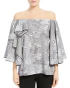 Halston Heritage Ruffled Printed Off-the-shoulder Silk Top