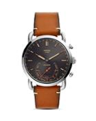 Fossil Q Commuter Brown Leather Movember Foundation-embossed Strap Hybrid Smartwatch, 42mm