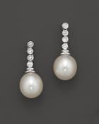 Cultured Freshwater Pearl And Diamond Drop Earrings In 14k White Gold, 9mm