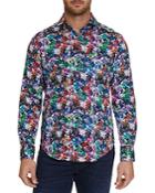 Robert Graham Mixed Media Cotton Stretch Pixelated Floral Print Classic Fit Button Down Shirt