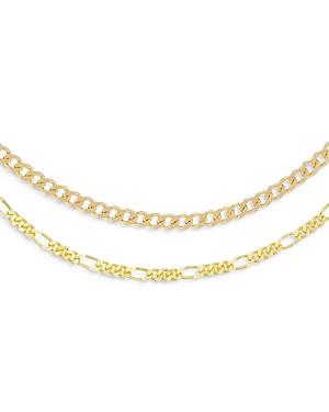 Adinas Jewels Cuban & Figaro Choker Necklaces In Gold Tone Sterling Silver, Set Of 2