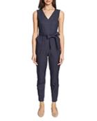 Vince Camuto Sleeveless Faux-denim Belted Jumpsuit