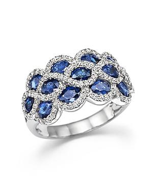 Diamond And Sapphire Triple Row Ring In 14k White Gold