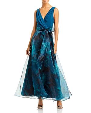Eliza J Sleeveless Tie Waist Floral Chiffon Ball Gown