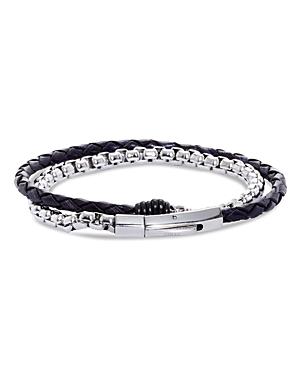 Men's Braided Leather & Steel Chain Double Wrap Bracelet