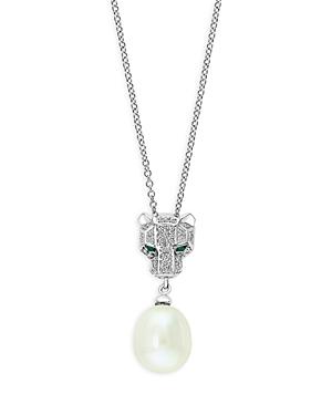 Bloomingdale's Freshwater Pearl, Emerald & Diamond Panther Pendant Necklace In 14k White Gold, 16-18 - 100% Exclusive