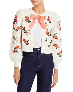 Alice And Olivia Kitty Puff Sleeve Embroidered Cardigan