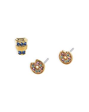 Ajoa By Nadri Pave Coffee & Donut Stud Earrings In 18k Gold Plate, Set Of 3