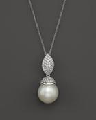 14k White Gold Cultured White South Sea Pearl And Diamond Pendant Necklace, 18