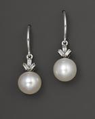 Cultured Freshwater Pearl Drop Earrings With Diamonds In 14k White Gold, 7mm