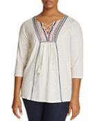 Lucky Brand Plus Embroidered Lace-up Peasant Top