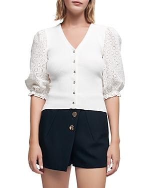 Maje Guipure Lace Sleeve Knit Top