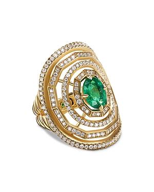 David Yurman Stax Statement Ring In 18k Yellow Gold With Full Pave Diamonds And Emerald