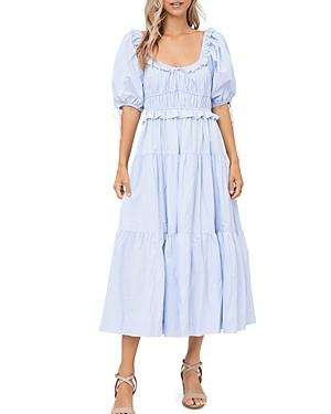 En Saison Poplin Puff-sleeve Tiered Midi Dress