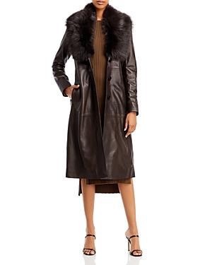 Nour Hammour Shearling Collar Belted Leather Trench Coat
