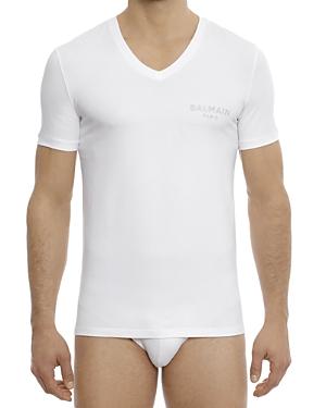 Balmain Embroidered Logo V Neck Graphic Tee