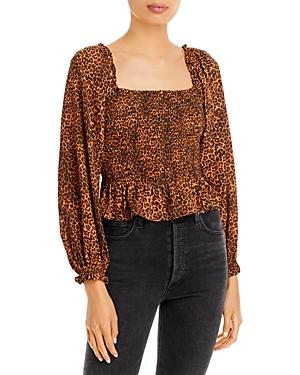 Wayf Jackie Smocked Leopard Print Top