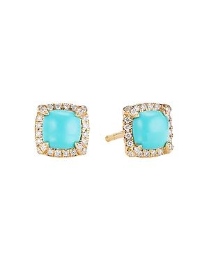 David Yurman Petite Chatelaine Pave Bezel Stud Earrings In 18k Yellow Gold With Turquoise And Diamonds