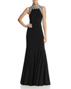 Avery G Embroidered Mock Neck Gown