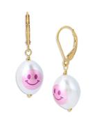 Kurt Geiger London Smiley Face Printed Imitation Pearl Drop Earrings In Gold Tone