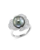Bloomingdale's Black Tahitian Pearl & Diamond Pave Ring In 14k White Gold - 100& Exclusive