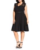 City Chic Plus Belted Lace-inset Dress