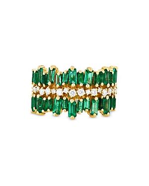 Suzanne Kalan 18k Yellow Gold Fireworks Emerald Baguette & Diamond Three Row Statement Ring