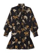 The Kooples Leopard Print Tie Neck Mini Dress